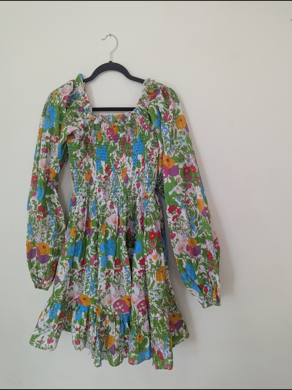 Smocked Floral Mini Dress - Green Multi